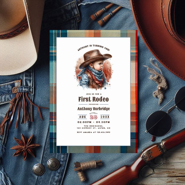 Invitación "Primer Rodeo" Vaquero Rústico Primer Cumpleaños (“First Rodeo” Rustic Cowboy 1st Birthday Invitation)