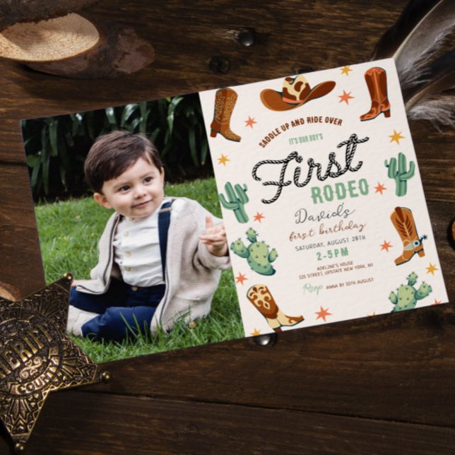 Invitación Primer rodeo Wild West Boy Foto de cumpleaños (Baby Boy first rodeo wild west invitation cowboy photo invitation digital editable template cute)