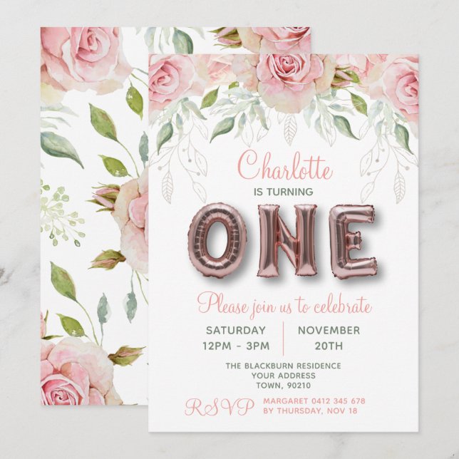 Invitación Primer Rosa de cumpleaños con globo rosado de oro (Anverso / Reverso)