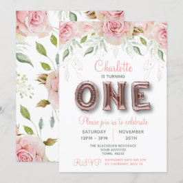 Invitación Primer Rosa de cumpleaños con globo rosado de oro