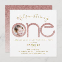 Primer Rosa de cumpleaños Purpurina de oro invitac