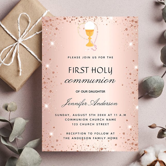 Invitación Primer rosa de la comunión de cáliz de oro hospeda (Subido por el creador)