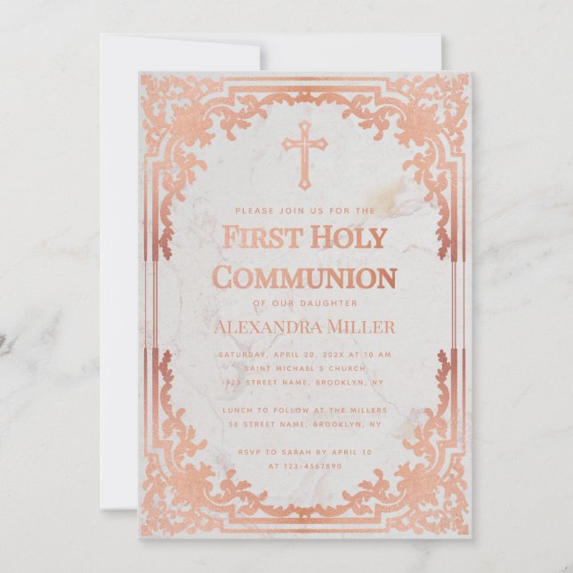 Invitación Primer Rosa de la Comunión Oro Elegante Mármol Vin (Anverso)