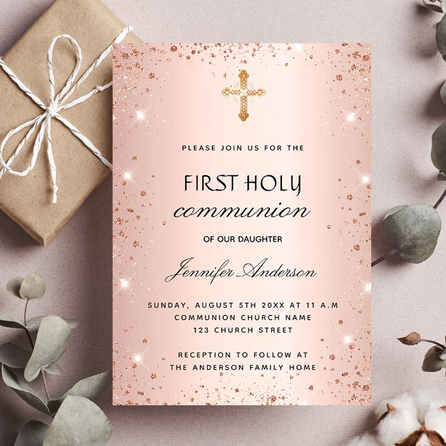 Invitación Primer rosa de purpurina de oro de la comunión (Subido por el creador)