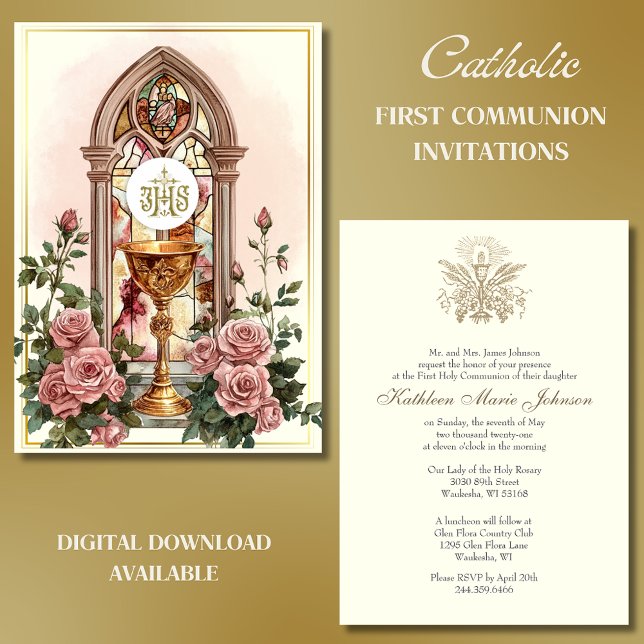 Invitación Primer Rosa floral del cáliz de la comunión (Subido por el creador)