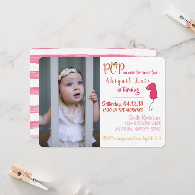 Invitación Primer tema de Bow y Globos Foto Rosa (Anverso/Reverso In Situ)