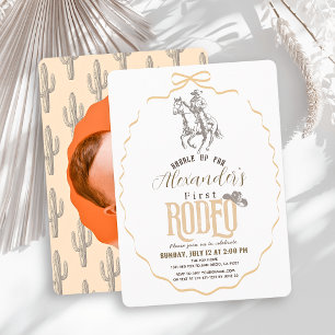 Invitación Primer Vaquero Rodeo Beige Lazo Foto Cumpleaños 1