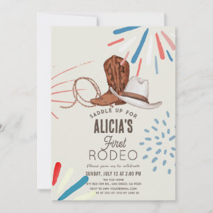 Invitación Primer vaquero vaquera de rodeo fuegos artificiale