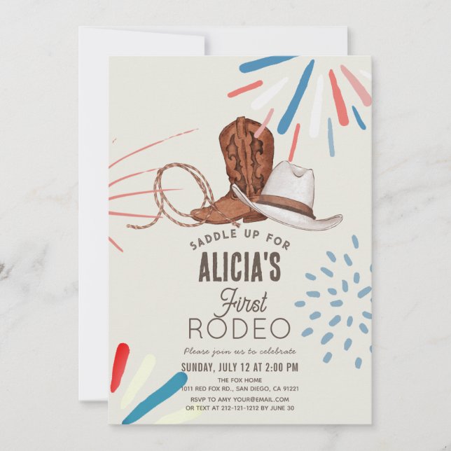 Invitación Primer vaquero vaquera de rodeo fuegos artificiale (Anverso)