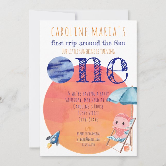 Invitación Primer viaje alrededor de Sun Baby Primer cumpleañ (Anverso)