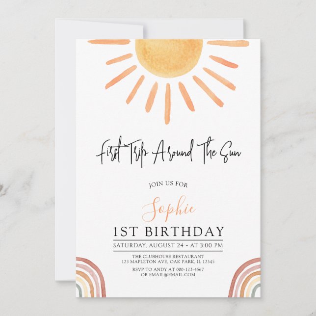 Invitación Primer viaje alrededor del Boho Sun 1er cumpleaños (Anverso)