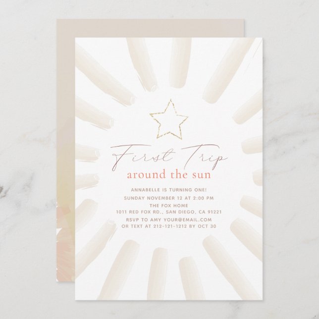 Invitación Primer viaje alrededor del Boho Sun Primer Cumplea (Anverso / Reverso)