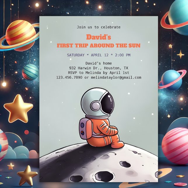 Invitación Primer viaje alrededor del cumpleaños del astronau (First Trip Around the Sun Space Astronaut Birthday Invitation)