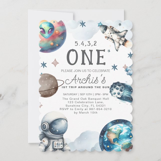 Invitación Primer viaje alrededor del cumpleaños del astronau (Anverso)