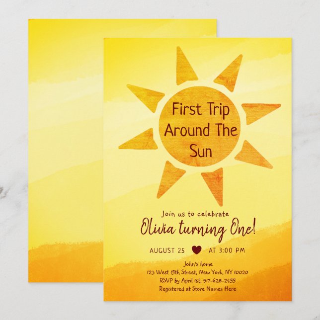 Invitación Primer Viaje Alrededor Del Cumpleaños Del Sol Oro (Anverso / Reverso)