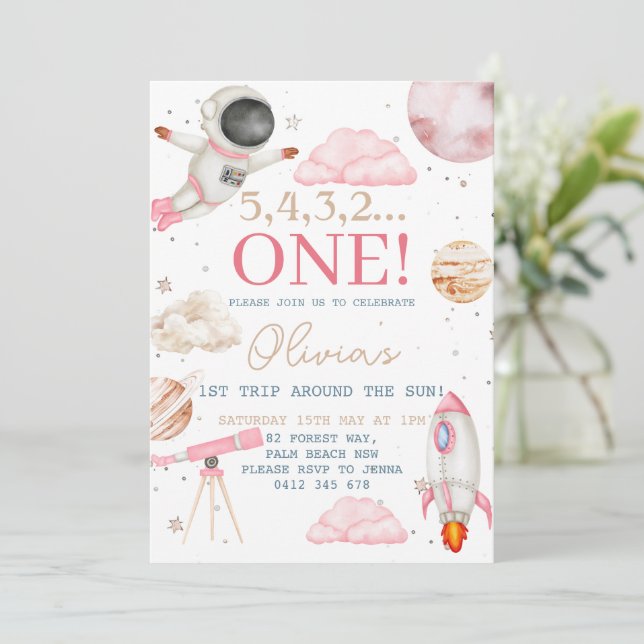 Invitación Primer viaje alrededor del espacio Chica Sun Cumpl (Anverso de pie)