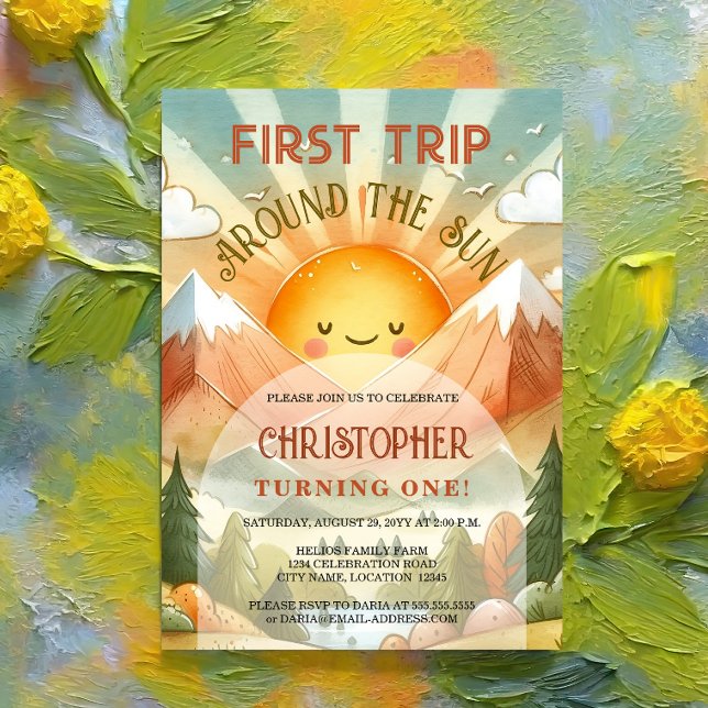 Invitación Primer viaje alrededor del Fiesta del primer cumpl (Celebrate your child's first birthday with this whimsical and retro sunshine birthday party invite.)