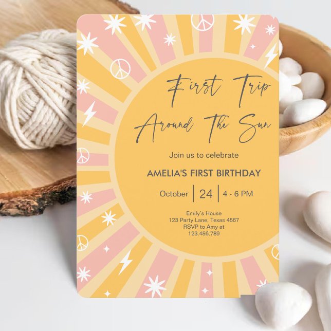 Invitación Primer viaje alrededor del primer cumpleaños de Su (First Trip around the Sun Groovy Boho 1st Birthday Invitation)