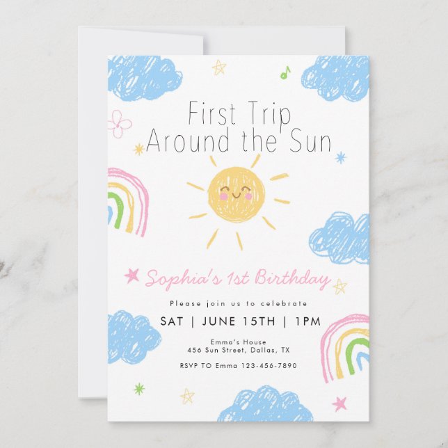 Invitación Primer viaje alrededor del Sol 1er cumpleaños (Anverso)