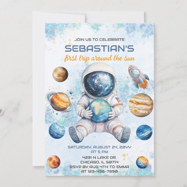 Invitación Primer viaje alrededor del sol 1er cumpleaños (Anverso)