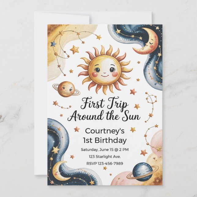 Invitación Primer viaje alrededor del Sol 1er cumpleaños (Anverso)
