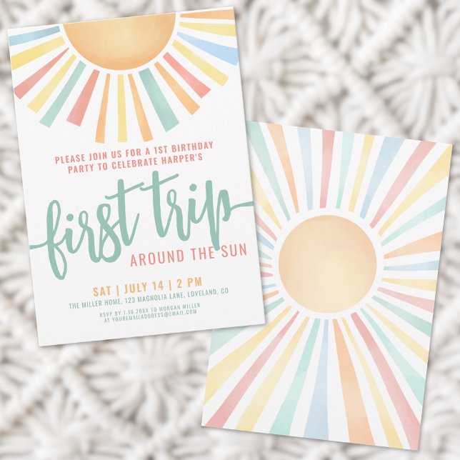 Invitación Primer viaje alrededor del sol 1er cumpleaños (First Trip Around The Sun 1st Birthday Invitation)