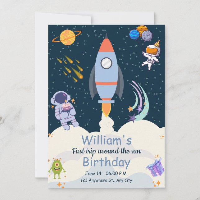 Invitación Primer viaje alrededor del sol 1er cumpleaños invi (Anverso)