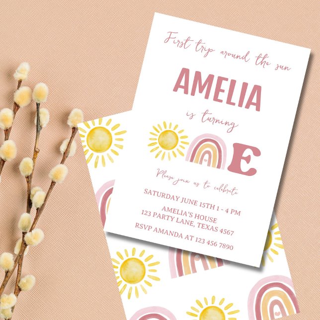 Invitación Primer viaje alrededor del Sol Boho 1er Cumpleaños (Boho first trip around the sun birthday invitation with pastel sun and rainbow design)