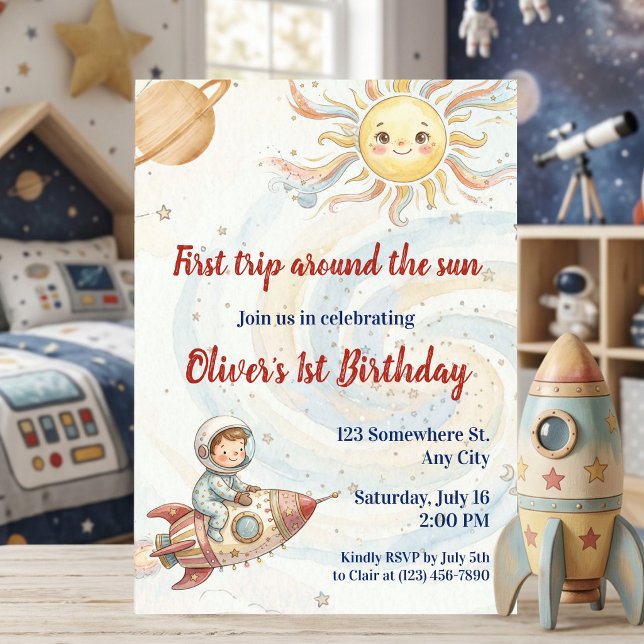 Invitación Primer viaje alrededor del Sol Cumpleaños 1 astron (First Trip Around the Sun Astronaut 1st Birthday Invitation)