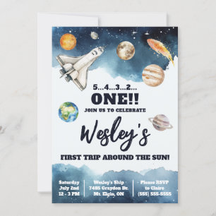 Invitación Primer viaje alrededor del sol, cumpleaños espacia