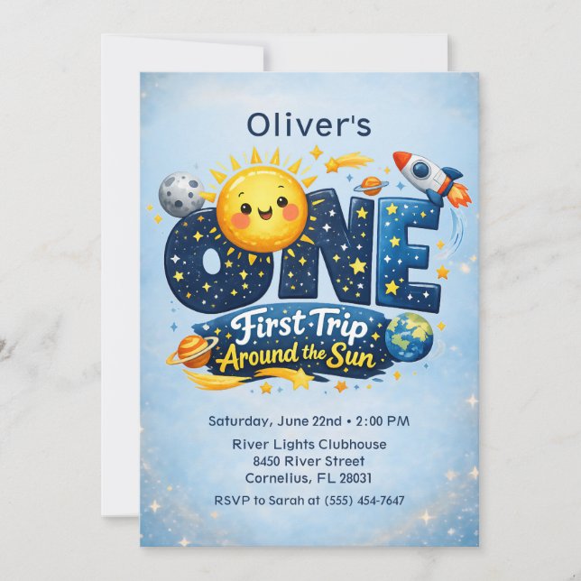 Invitación Primer viaje alrededor del Sol Cumpleaños espacial (Anverso)