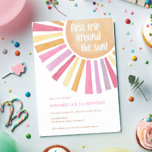 Invitación Primer viaje alrededor del sol cumpleaños niña 1 a