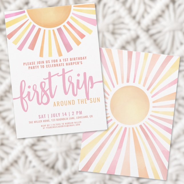 Invitación Primer Viaje Alrededor Del Sol Cumpleaños Rosa 1 (First Trip Around The Sun Pink 1st Birthday Invitation)