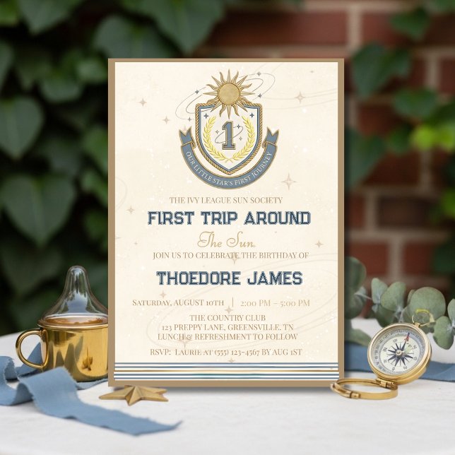 Invitación Primer Viaje Alrededor del Sol Cumpleaños Varsity  (First Trip Around the Sun Birthday Varsity Preppy Invitation)