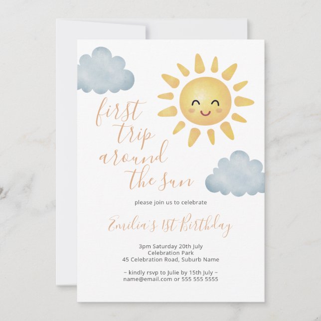 Invitación Primer Viaje Alrededor Del Sol Cute Primer Cumplea (Anverso)