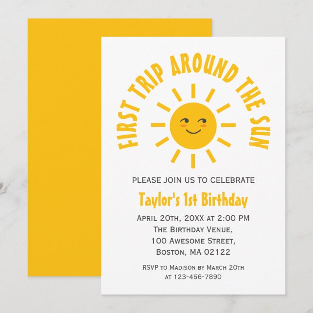 Invitación Primer viaje alrededor del sol del primer cumpleañ (Anverso / Reverso)