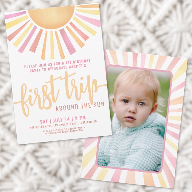 Invitación Primer Viaje Alrededor Del Sol Foto De Cumpleaños  (First Trip Around The Sun Pink Photo 1st Birthday Invitation)