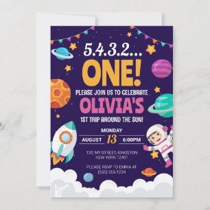 Invitación Primer Viaje Alrededor del Sol Niña Espacio 1er Cu
