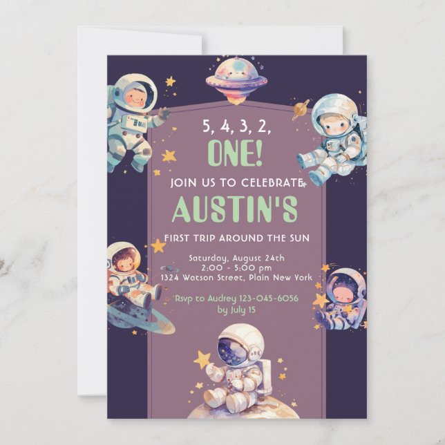 Invitación Primer viaje alrededor del sol Primer cumpleaños (Anverso)