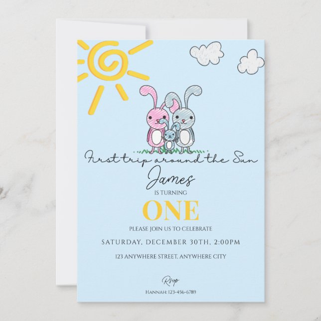 Invitación Primer viaje alrededor del sol Primer cumpleaños F (Anverso)