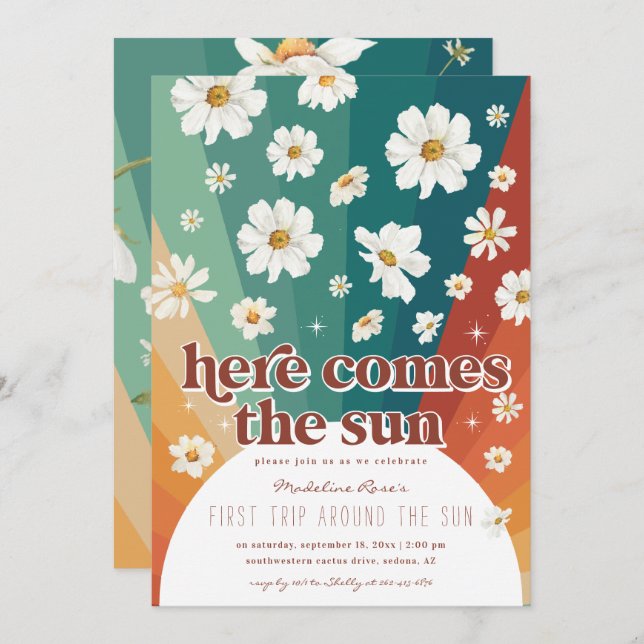 Invitación Primer viaje alrededor del sol | Retro Daisy Rainb (Anverso / Reverso)