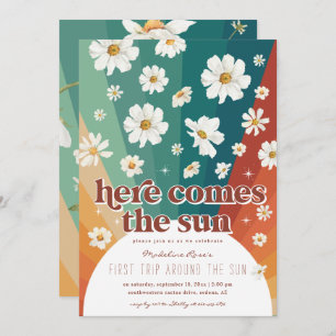 Invitación Primer viaje alrededor del sol   Retro Daisy Rainb