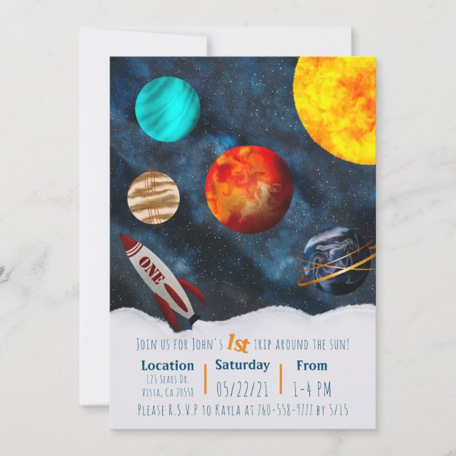 Invitación Primer viaje alrededor del Sun Space Theme Boy Pla (Anverso)