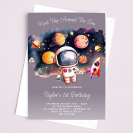 Invitación Primer viaje de Fiesta espacial por el morado del 