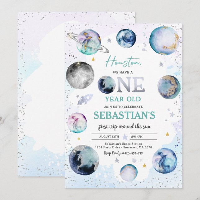 Invitación Primer Viaje De La Fiesta Del Cumpleaños Espacial  (Anverso / Reverso)