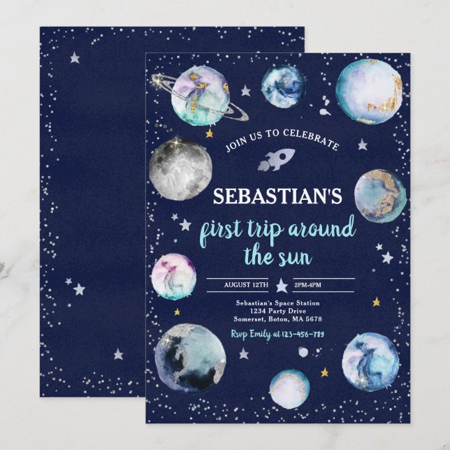 Invitación Primer Viaje De La Fiesta Del Cumpleaños Espacial  (Anverso / Reverso)