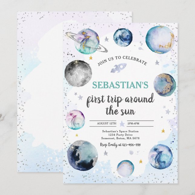 Invitación Primer Viaje De La Fiesta Del Cumpleaños Espacial  (Anverso / Reverso)