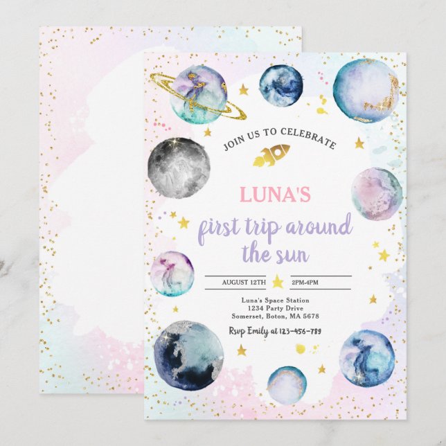Invitación Primer Viaje De La Fiesta Del Cumpleaños Espacial  (Anverso / Reverso)