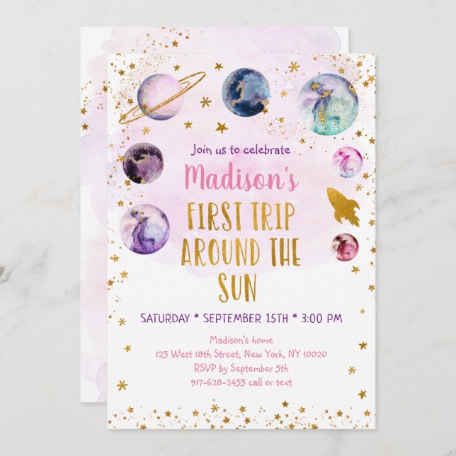 Invitación Primer Viaje De Pink Galaxy Alrededor Del Cumpleañ (Anverso / Reverso)