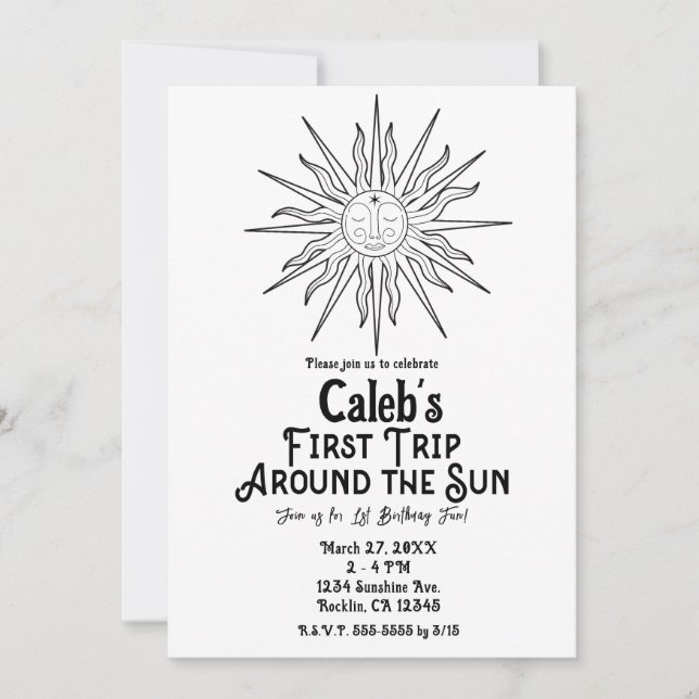 Invitación Primer viaje en blanco y negro alrededor del domin (Anverso)